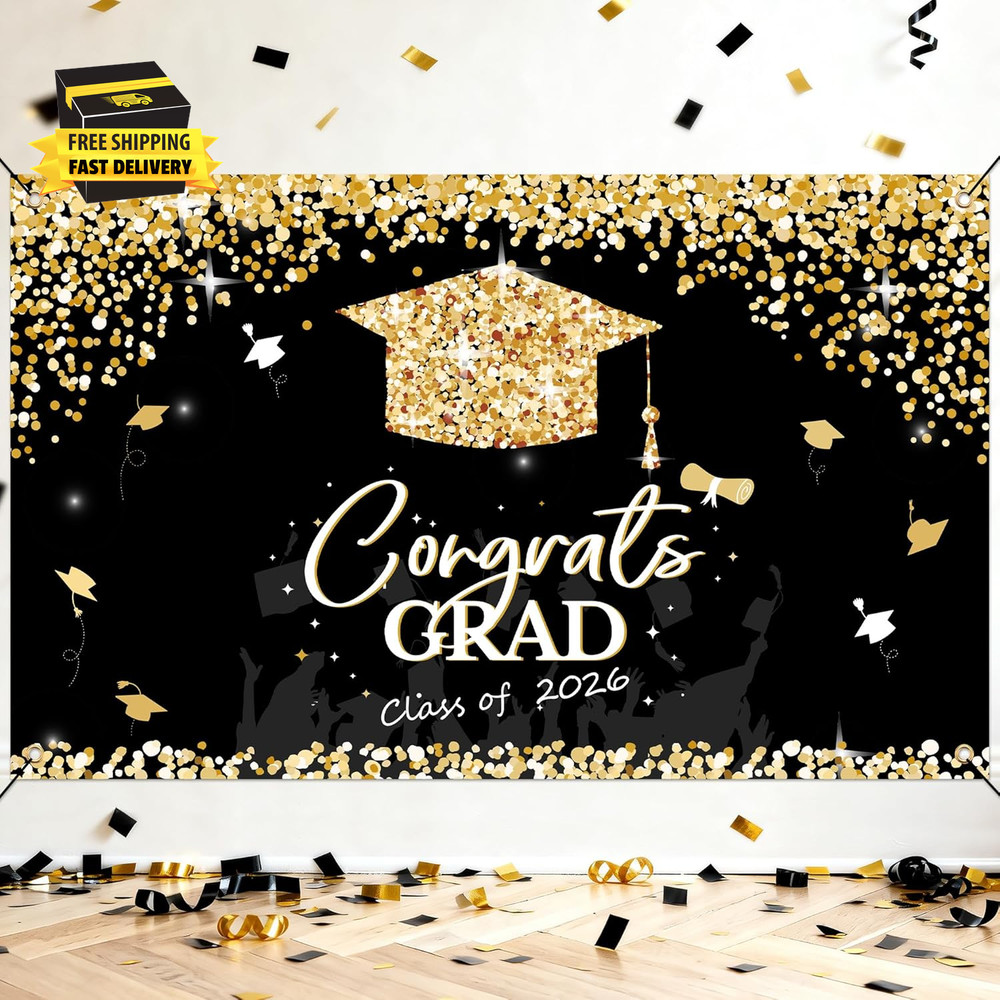 Graduation Decorations 2026 – Black and Gold Graduation Backdrop and Congrats Gr