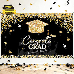 Graduation Decorations 2026 – Black and Gold Graduation Backdrop and Congrats Gr