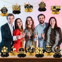 New Year Table Decorations 2026,12pcs Happy Honeycomb Gold