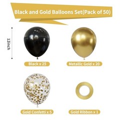 Black and Metallic Gold Balloons Set, 50PCS 12 Inch Confetti Black and Gold