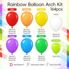 164Pcs Rainbow Balloon Arch Kit with Red Purple Yellow Blue Orange White Lime Gr