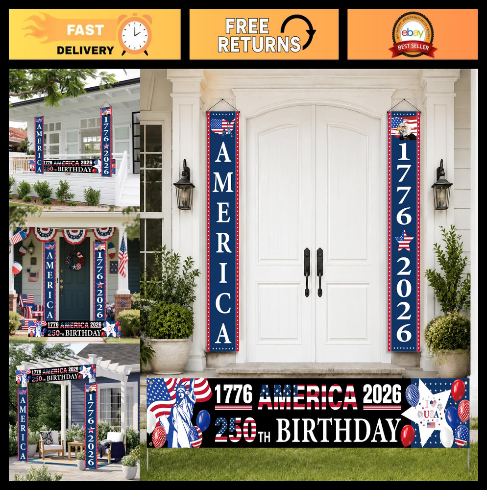 4th of July Outdoor Decorations – 3 Pcs Red White Blue USA Banner & Porch Signs