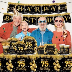 75th Birthday Decorations for Men Women, 142Pcs Black Gold 75th Birthday Deco…