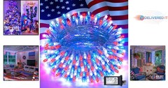 Patriotic String Lights 33ft 100 LED Indoor Outdoor 8 Modes Red White Blue