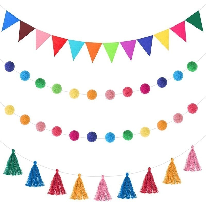 Rainbow Tassel Garland Set Felt Flags Balls Home Party Decoration 3 Pieces New