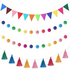 Rainbow Tassel Garland Set Felt Flags Balls Home Party Decoration 3 Pieces New