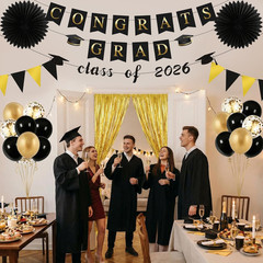Graduation Decorations 2026, Black Gold Party Decor with Congrats Grad, Class of