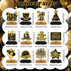 12PCS Happy New Year 2026 Honeycomb Centerpieces – Black Gold NYE Decor