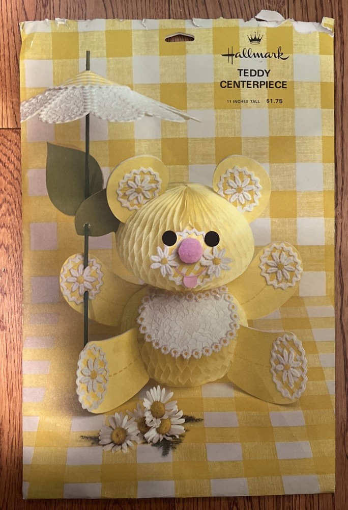 Vintage Honeycomb Yellow Teddy Bear Tabletop Centerpiece Decoration 11″ Tall