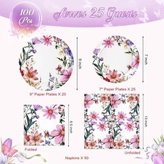 100 Piece Summer Floral Disposable Contemporary Multicolor Set (Plates, Napkins)