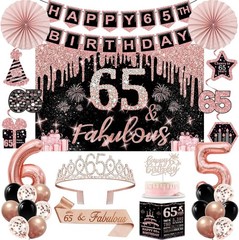 65th Birthday Decoration for Women Black Rose Gold Tiara Sash Backdrop Banner