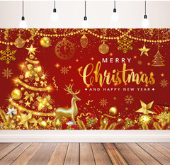 “Merry Christmas & Happy New Year Banner – Large Holiday Party Backdrop 71×43 Re