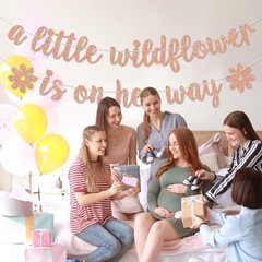 A Little Wildflower is on the Way Banner, 4 inches x 3 inches, rose gold