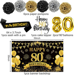 42PCS 80Th Birthday Decoration Kit for Men Women, Black Gold Happy 80Th Bday Ban