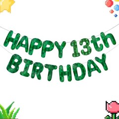 Green Pixel Birthday Banner, Pre-strung Minecraft Party Banner Video Game 13th