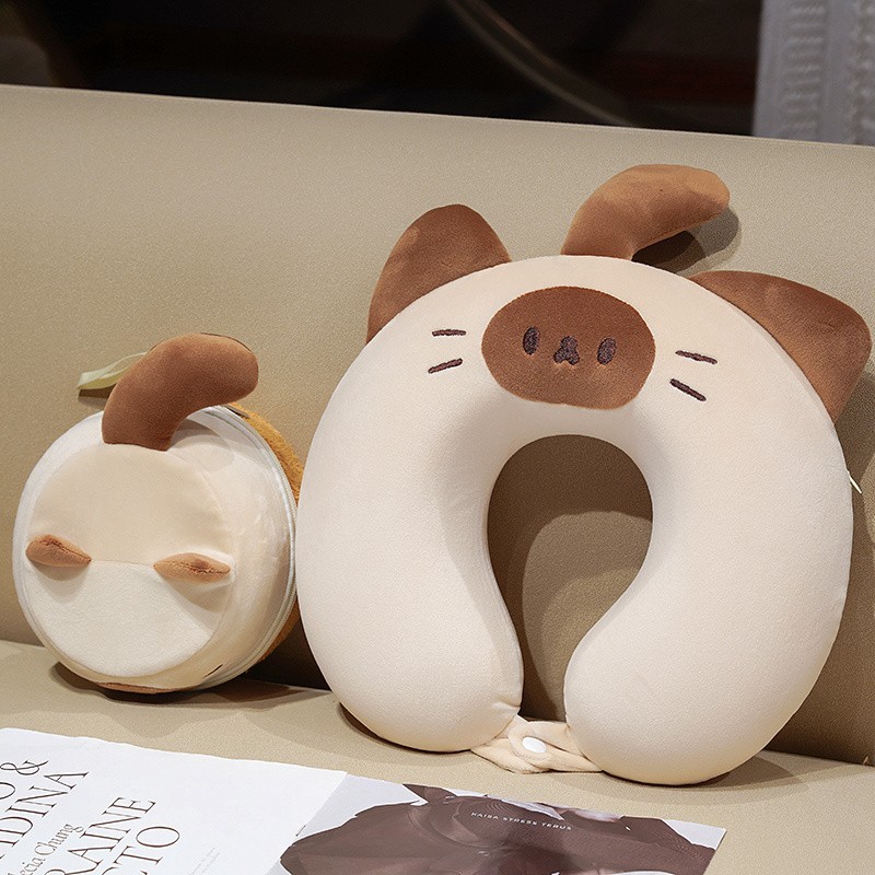 Cute Siamese Cat U Shaped Travel Neck Pillow Set Portable Storage Case for Long