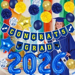 2026 Graduation Banner Party Decorations Blue and Yellow, Congrats Grad Banne…