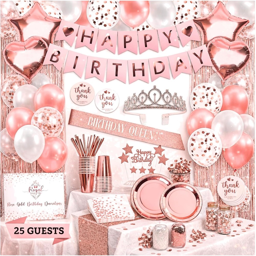 Complete 225PC Rose Gold Party Decor Kit – Perfect for a Stunning Birthday Bash