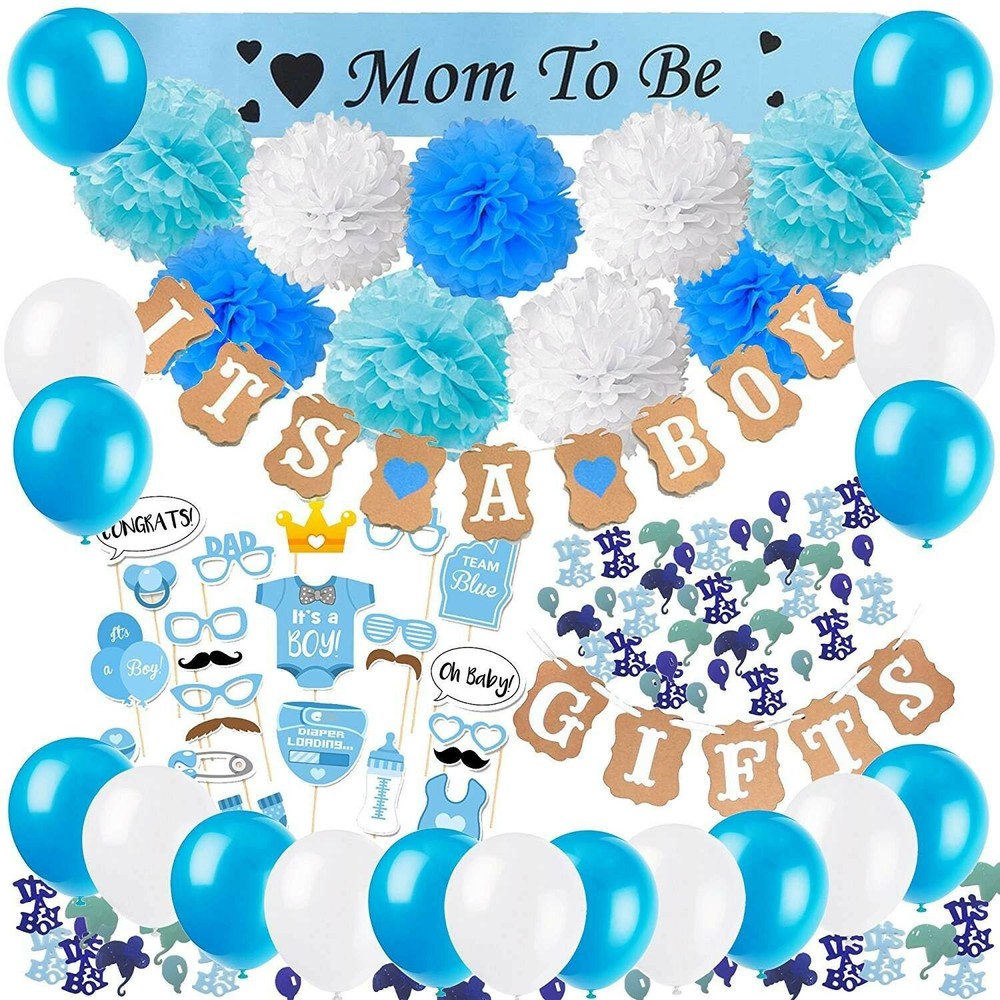 IT’S A BOY Baby Shower Decorations Banner, Latex Balloons, Photo Prop, PomPoms