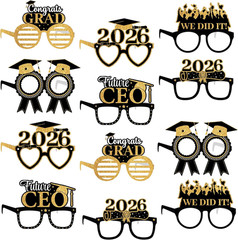 , Black and Gold Graduation Glasses – Pack of 12 | Graduation Photo Props, Gradu