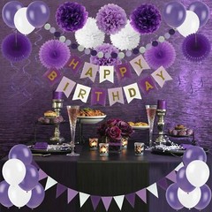 Happy Birthday Decoration Set- Paper Fans, Pom Poms, Banner, Swirls & Balloons