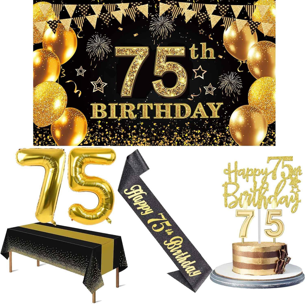 75th Birthday Decorations Men Women with 75th Birthday Banner, Black and Gold Ta