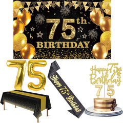 75th Birthday Decorations Men Women with 75th Birthday Banner, Black and Gold Ta