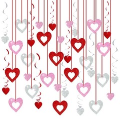 48 Pcs Valentine’s Day Decorations Glitter Heart Hanging Swirls Ceiling Decor