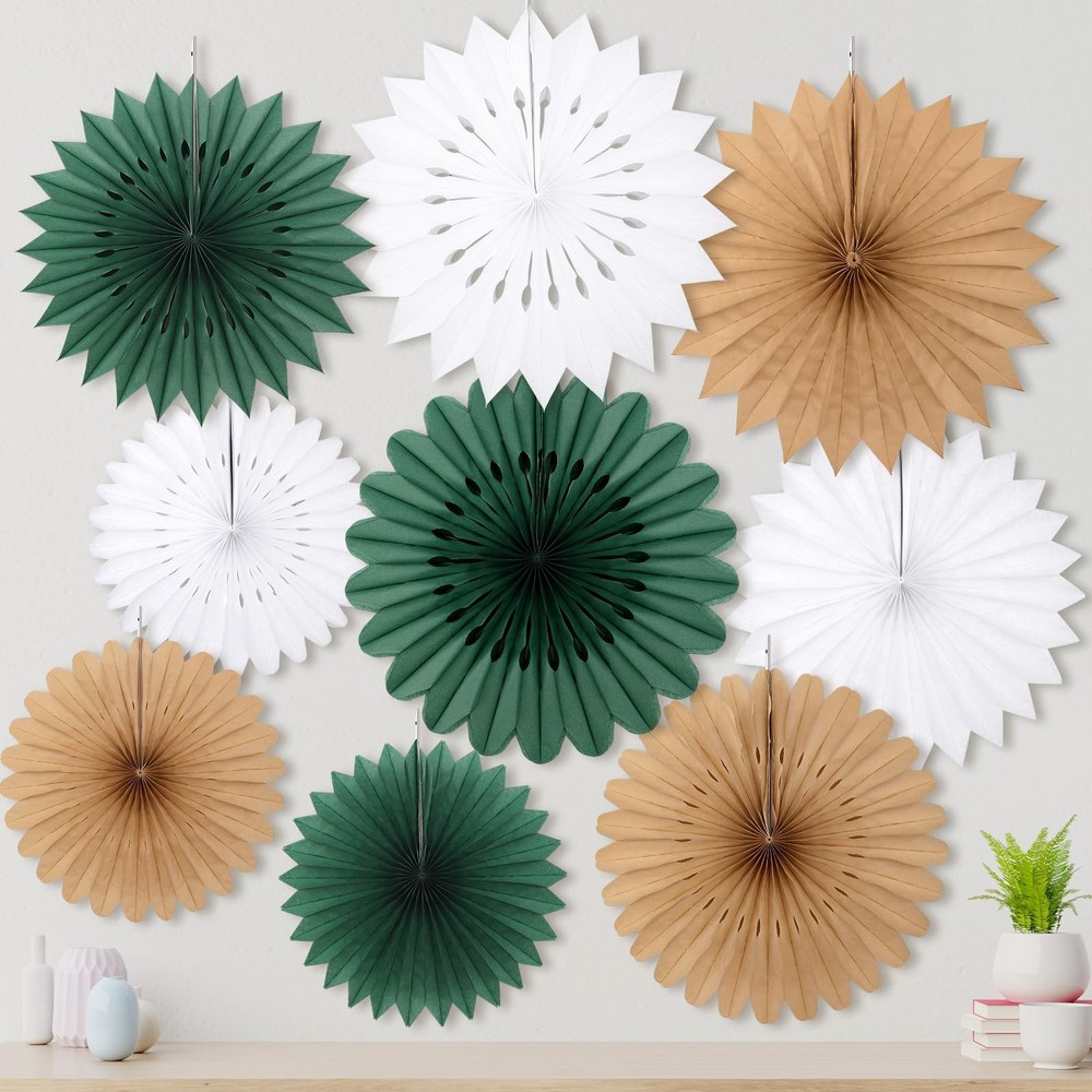 Hanging Large Paper Fans Neutral Brown Green White Ornament Kit 9 PCS