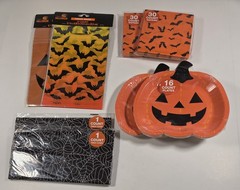 Halloween Party Bundle Paper Plates Napkins Table Cover Treat Bags – Lot of 8