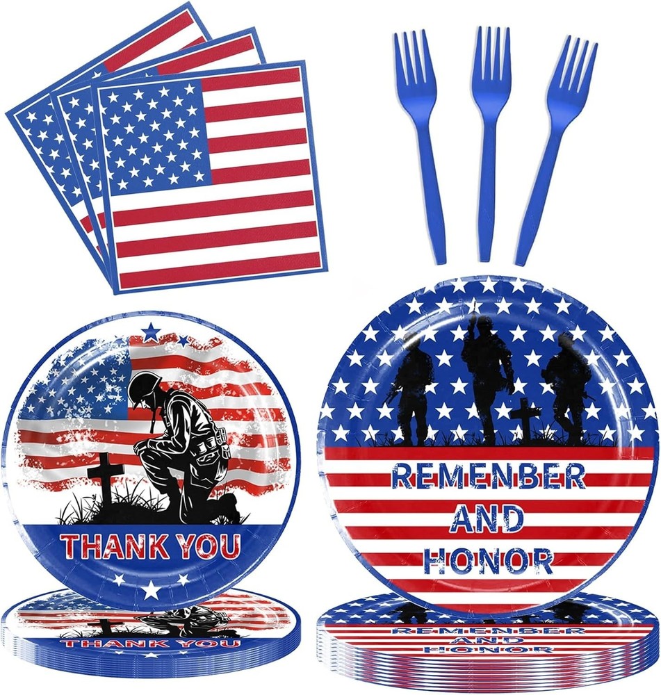 Patrotic Remember Memorial Day Disposable Tableware Set (Plates, Napkins, Forks)