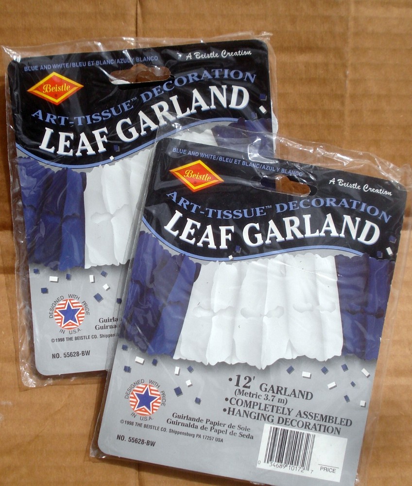 Blue / White Tissue Leaf Garland Wedding Party Decor 2 Packs 12 Ft Each NIP