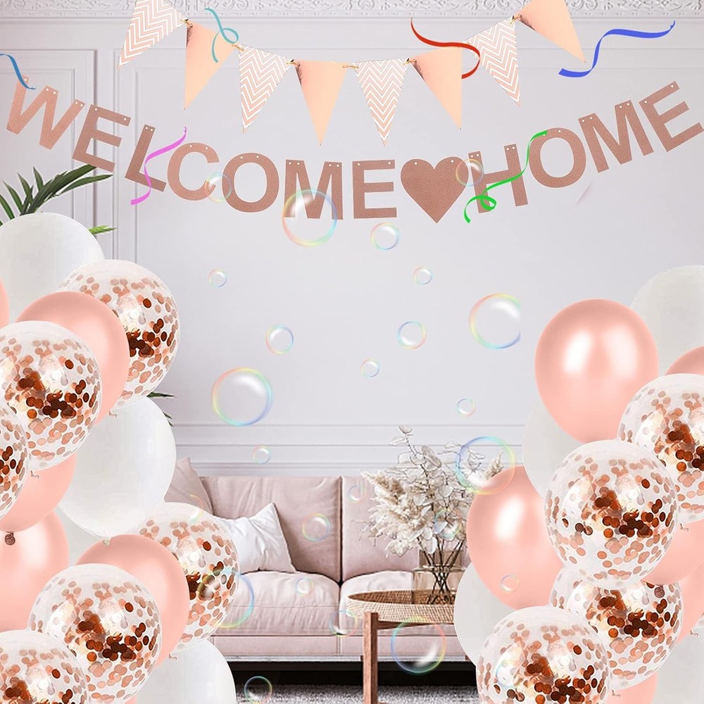 15 Pcs Welcome Home Banner Kit: Rose Gold Glitter Back Balloon 15pack