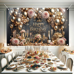 Luxury Happy Birthday Backdrop Black Gold Party Decoration Elegant Balloon Champ