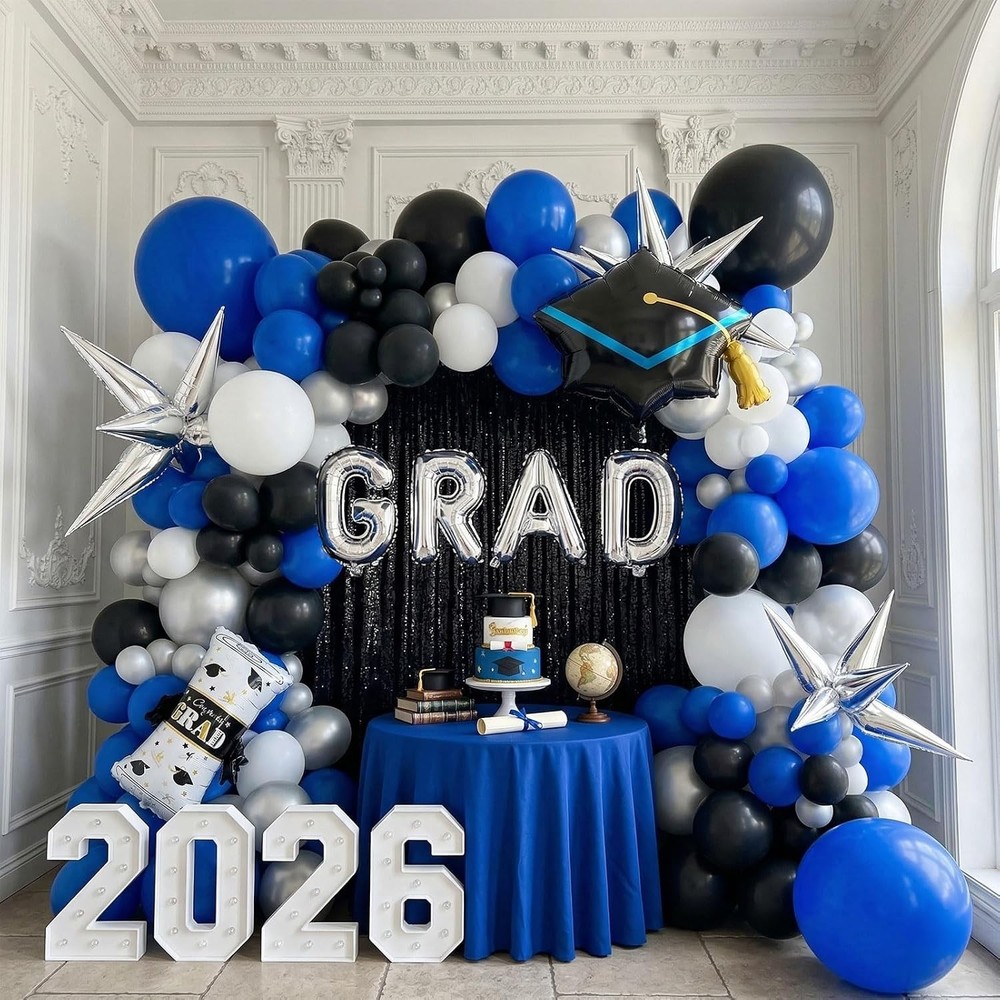 Royal Blue and Black White Silver balloon kit 110PCS with Graduation Cap