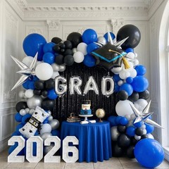 Royal Blue and Black White Silver balloon kit 110PCS with Graduation Cap