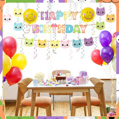 43 Pieces Cartoon Doll Cat Birthday Party Banner and Hanging Swirl Party Decorat