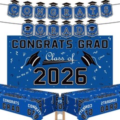 Graduation Decorations 2026 – Blue Congrats Grad Banner Backdrop Tablecloth S…