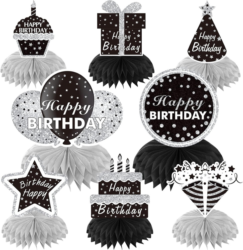 8Pcs Black White Silver Birthday Decorations Honeycomb Centerpieces for Women Me