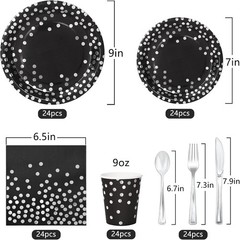 High-Quality Disposable Black and Silver Party Set – Easy Cleanup for 24 Guests