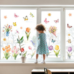 9 Sheets Flowers Window Clings Colorful Tulips Window Stickers Butterfly Drag…