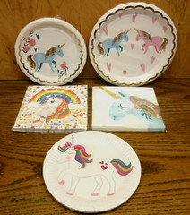 UNICORN Birthday Party Supply lot: Plates Cups Napkins Tablecover Balloon Banner