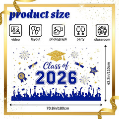 Graduation Decorations 2026 Backdrop Banner – Blue Gold Congrats Grad Photo Prop