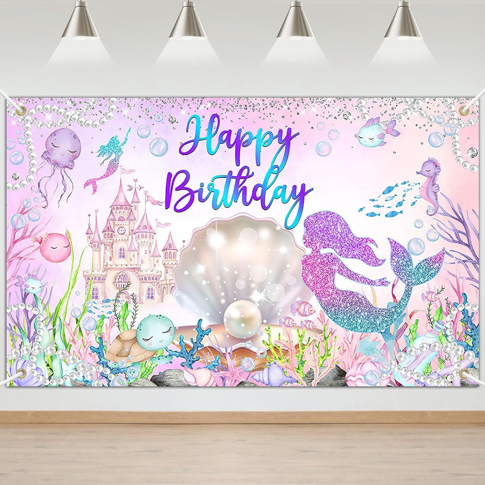 Mermaid Happy Birthday Backdrop under the Sea Birthday Party Decorations Little