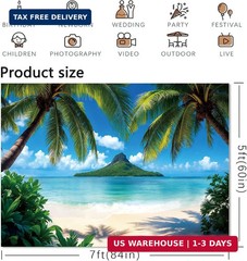 Tropical Beach Backdrop Hawaiian Ocean Photo Banner Luau Decor 7x5ft
