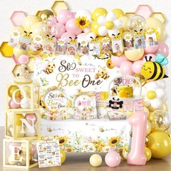 Bee Themed 1st Birthday Decorations – Balloon Arch, Plates, Napkins & Banner