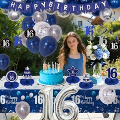 Blue Silver 16th Birthday Decorations for Boys Girls, Sweet 16 Party Decorati…