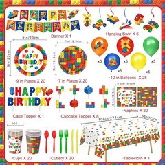 173 PCS Building Block Birthday Party Decorations – Plates, Napkins, Cups, Cutle