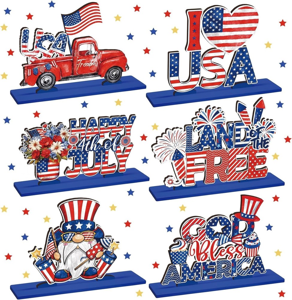 6 Pcs 4th of July Table Decorations, Memorial Day Patriotic Wooden Table Centerp