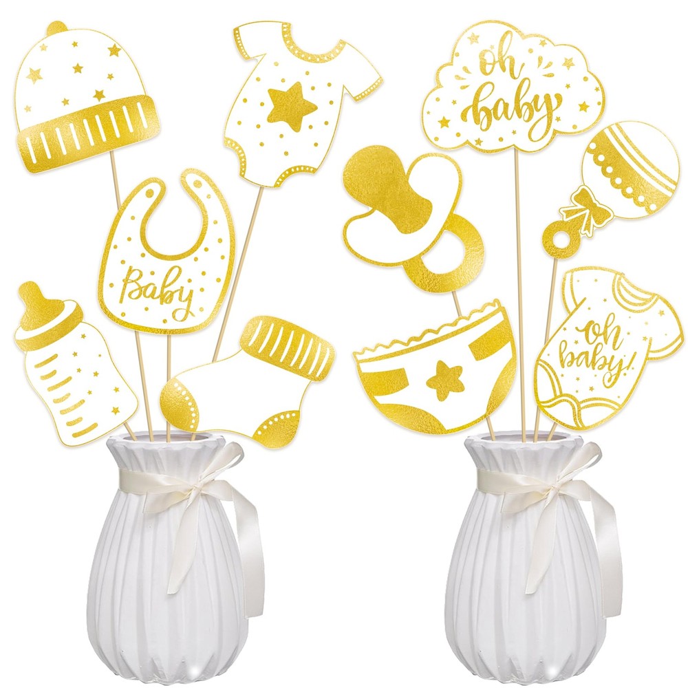 22 PCS Hello Sweet Baby Shower Centerpiece Sticks Gender Neutral Gold